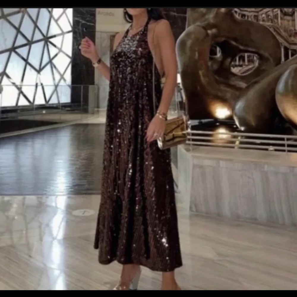 New Zara Brown Sequin Flowy Halter Maxi Dress Extra Small XS